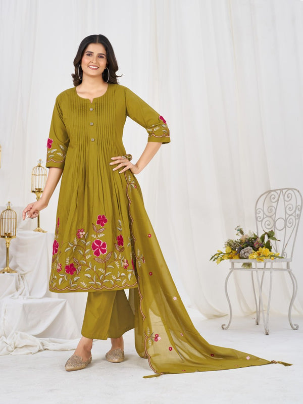 Multi-Thread Embroidered Cotton Anarkali Kurti Set with Dupatta
