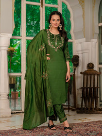 Violet Marina Silk Embroidered Kurta Pant Dupatta Set