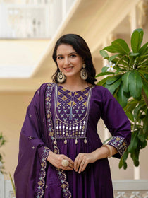Mahendi Viscose Roman Silk Mirror Work Anarkali Suit Set