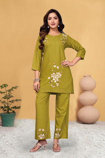 Green Heavy Viscose Rayon Embroidered Co-Ord Set