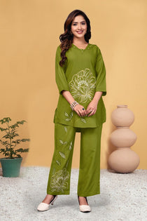 Green Heavy Viscose Rayon Embroidered Co-Ord Set