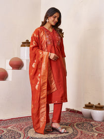Brown Roman Silk Embroidered Kurta Pant Dupatta Set