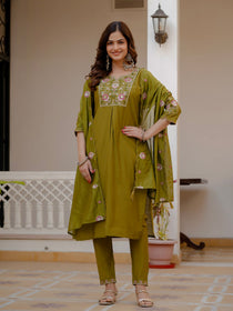 Rust Viscose Mango Silk Embroidered Kurta Set