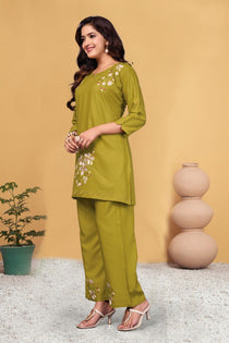 Green Heavy Viscose Rayon Embroidered Co-Ord Set