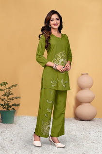 Green Heavy Viscose Rayon Embroidered Co-Ord Set
