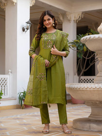 Rust Pure Viscose Mango Silk Embroidered Kurta Set