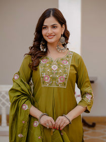 Rust Viscose Mango Silk Embroidered Kurta Set