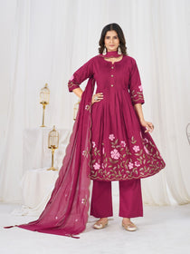 Multi-Thread Embroidered Cotton Anarkali Kurti Set with Dupatta