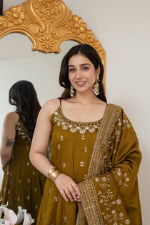Wine Vichitra Silk Embroidered Gown Set