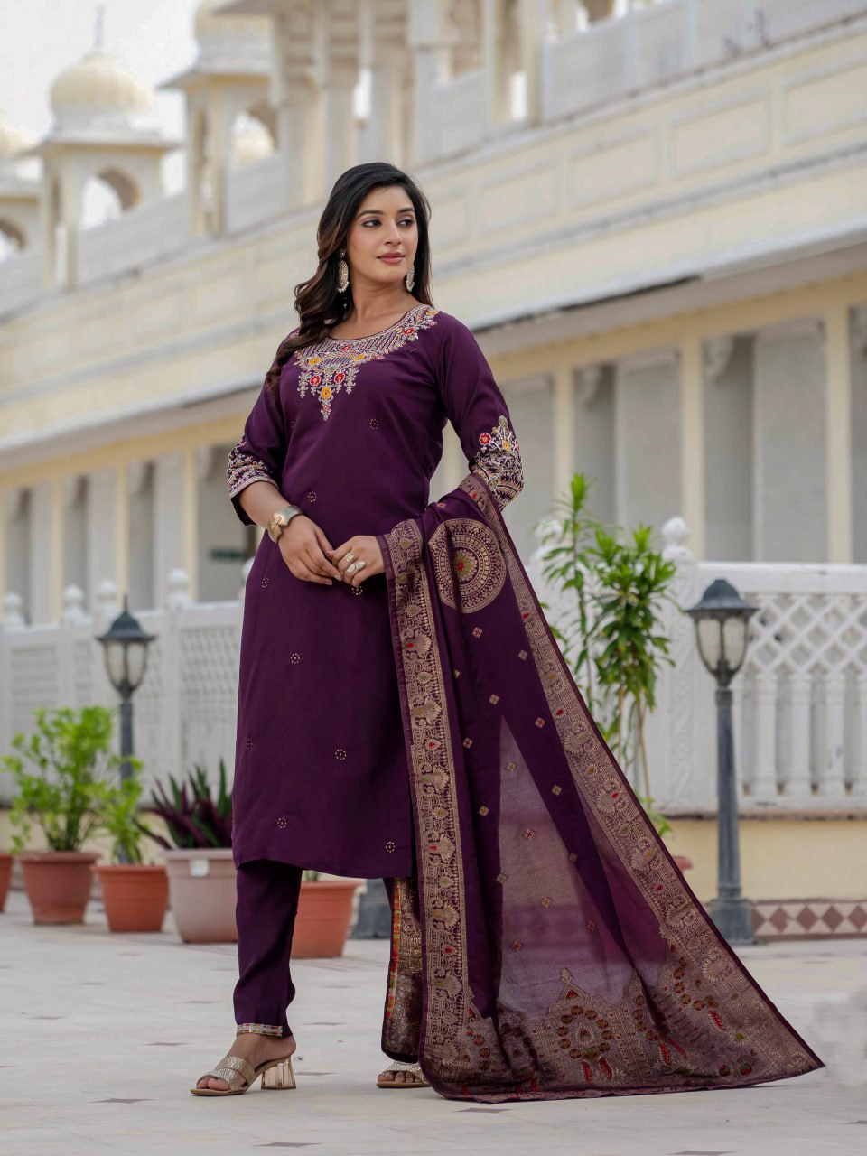 Roman Silk Kurti Set with Meena Work Dupatta