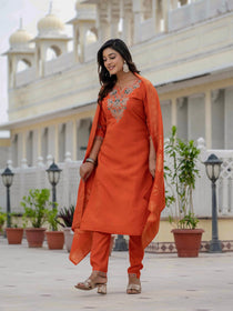 Maroon Premium Roman Silk Embroidered Kurta Pant Dupatta Set
