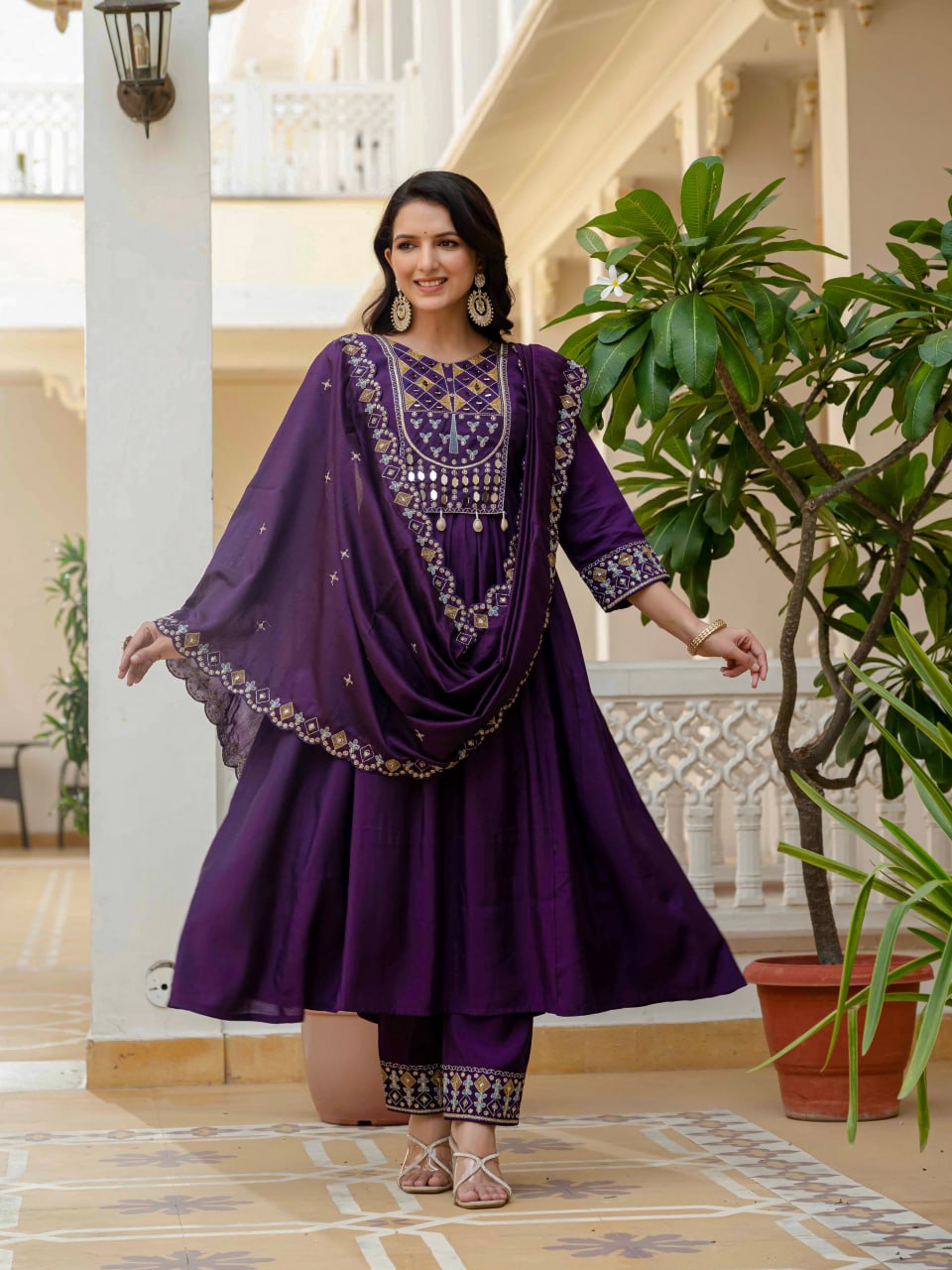Real Mirror Work Anarkali Set with Chanderi Dupatta