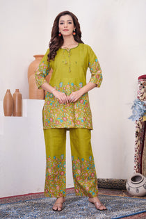 Brown Pure Cotton Kantha Work Co-ord Set