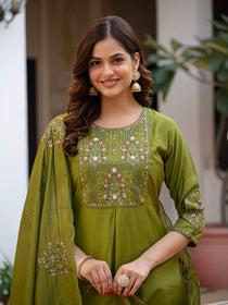 Rust Pure Viscose Mango Silk Embroidered Kurta Set