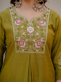 Rust Viscose Mango Silk Embroidered Kurta Set