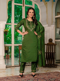 Violet Marina Silk Embroidered Kurta Pant Dupatta Set