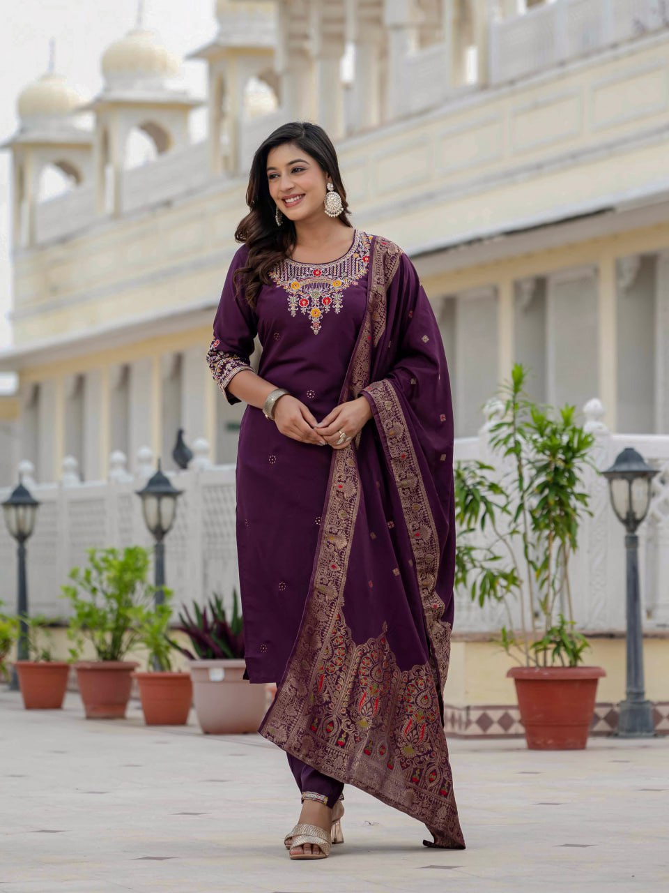 Roman Silk Kurti Set with Meena Work Dupatta