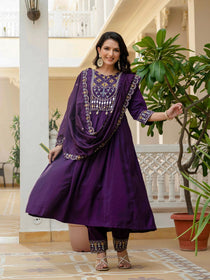 Mahendi Viscose Roman Silk Mirror Work Anarkali Suit Set