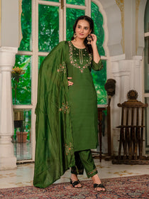 Violet Marina Silk Embroidered Kurta Pant Dupatta Set