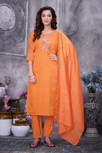Brown Roman Silk Embroidered Kurta Pant Dupatta Set