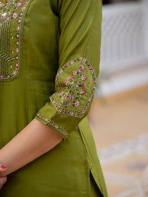 Rust Pure Viscose Mango Silk Embroidered Kurta Set