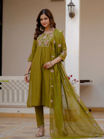 Rust Viscose Mango Silk Embroidered Kurta Set