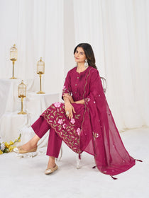 Multi-Thread Embroidered Cotton Anarkali Kurti Set with Dupatta
