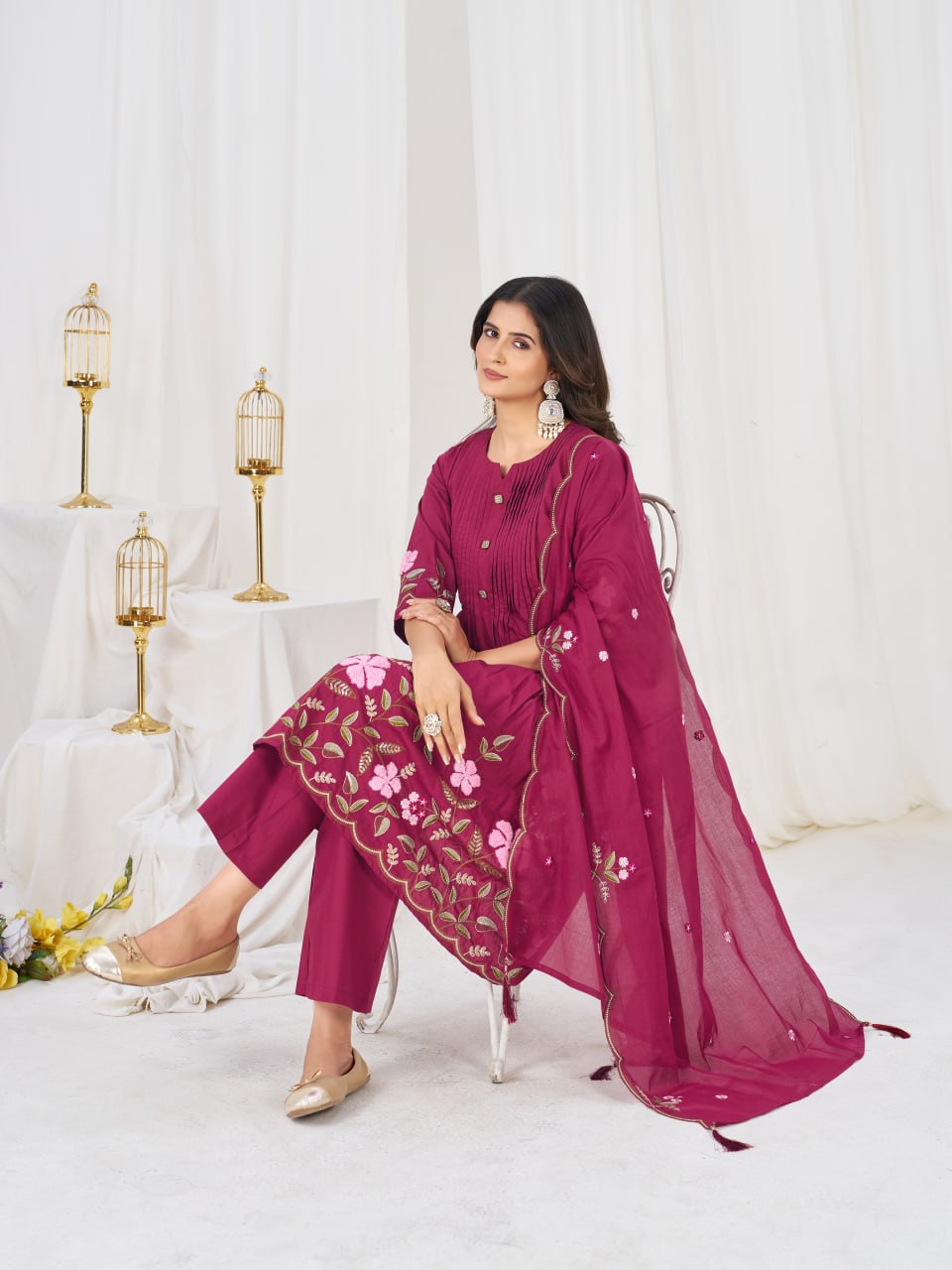 Multi-Thread Embroidered Cotton Anarkali Kurti Set with Dupatta