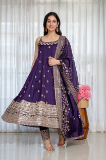 Wine Vichitra Silk Embroidered Gown Set