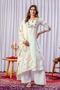 Off White Mango Silk Embroidered Kurta Palazzo Set with Maslin Silk Dupatta
