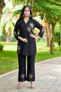 Black Heavy Rayon Embroidered Co-Ord Set with Floral Thread Work