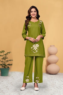 Green Heavy Viscose Rayon Embroidered Co-Ord Set
