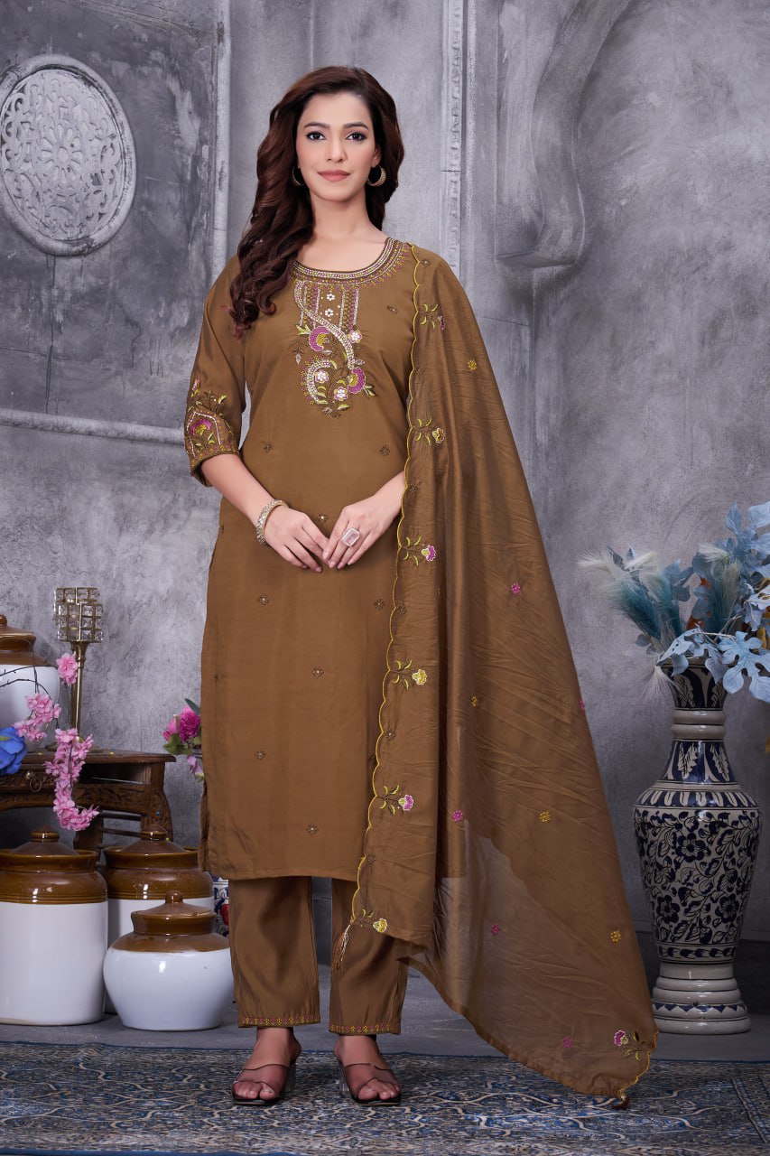 Multi Embroidery Roman Silk Kurti Pant Dupatta Set