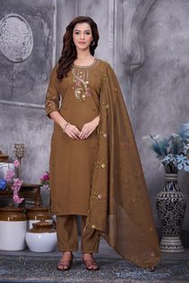 Brown Roman Silk Embroidered Kurta Pant Set with Maslin Dupatta