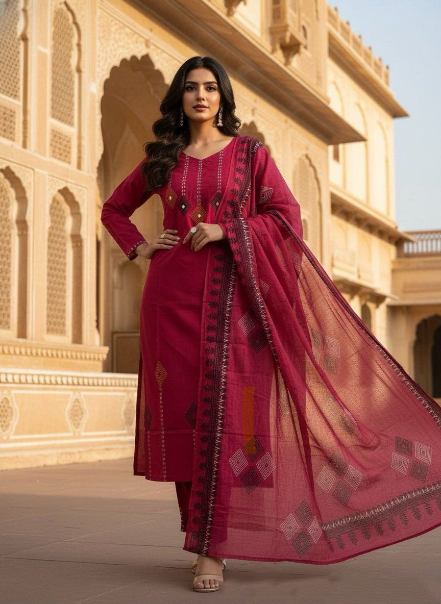 Cherry Cotton Mirror Work Kurta Pant Set with Printed Dupatta
