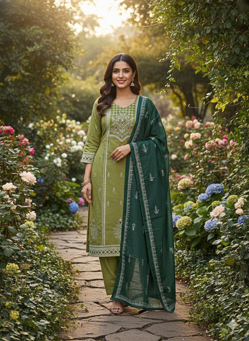 Pista Green Cotton Mirror Work Kurta Pant Set with Dark Green Printed Dupatta
