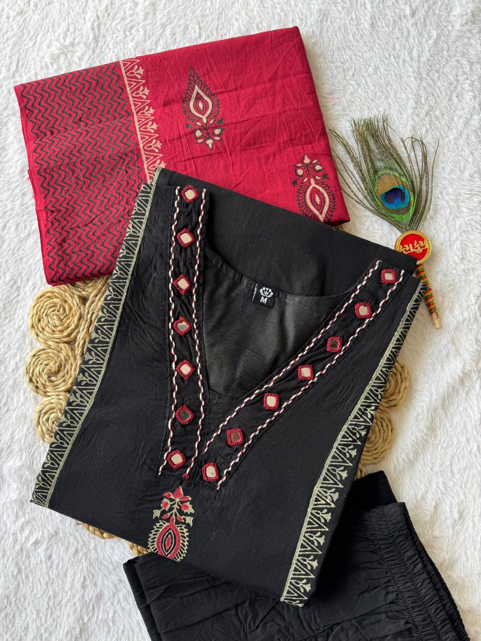 Black Cotton Mirror Work A-Line Kurta Pant Dupatta Set