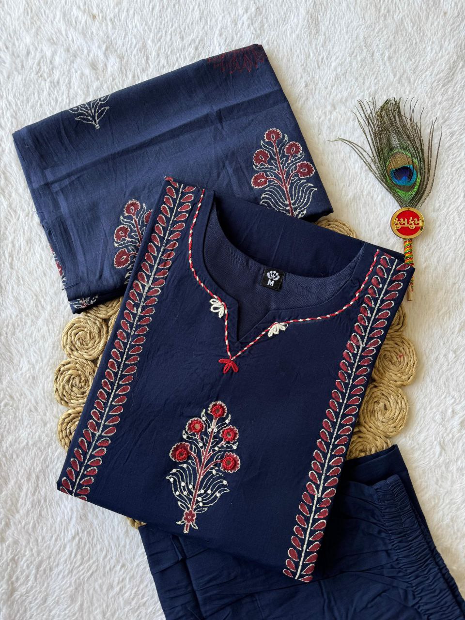 Pure Cotton Navy Blue Mirror Work Suit Set