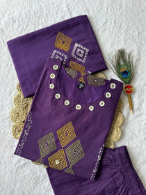 Purple Pure Cotton Mirror Work Kurta Pant Dupatta Set