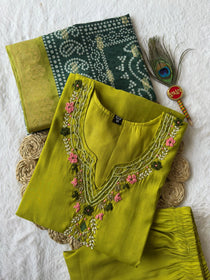 Parrot Green Roman Silk Hand Work Kurta Pant Dupatta Set