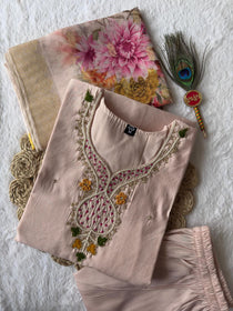 Light Peach Roman Silk Hand Work Kurta Pant Dupatta Set