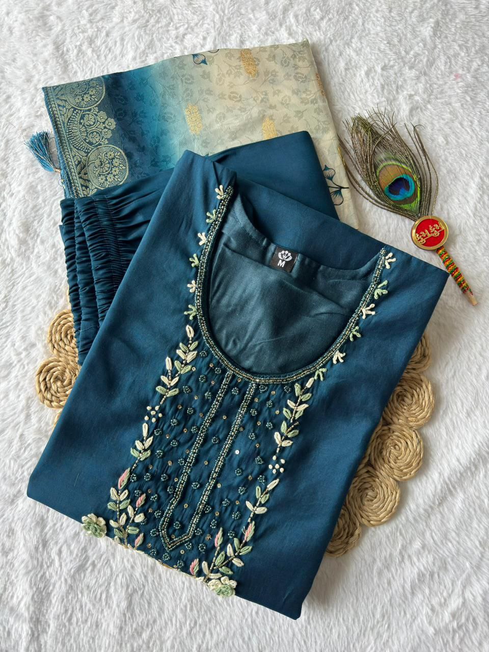 Morpich Roman Silk Hand Work Kurta Pant Dupatta Set