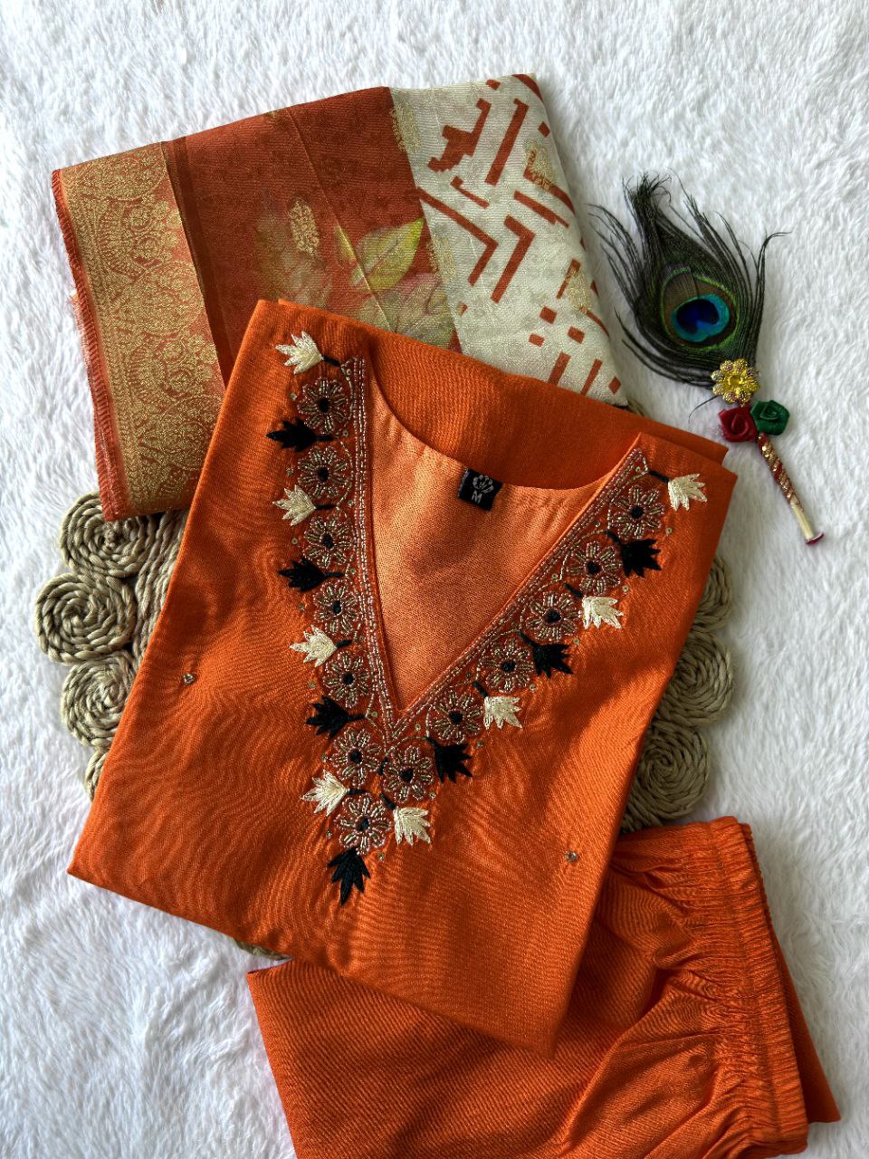 Orange Roman Silk Hand Work Kurta Pant Dupatta Set
