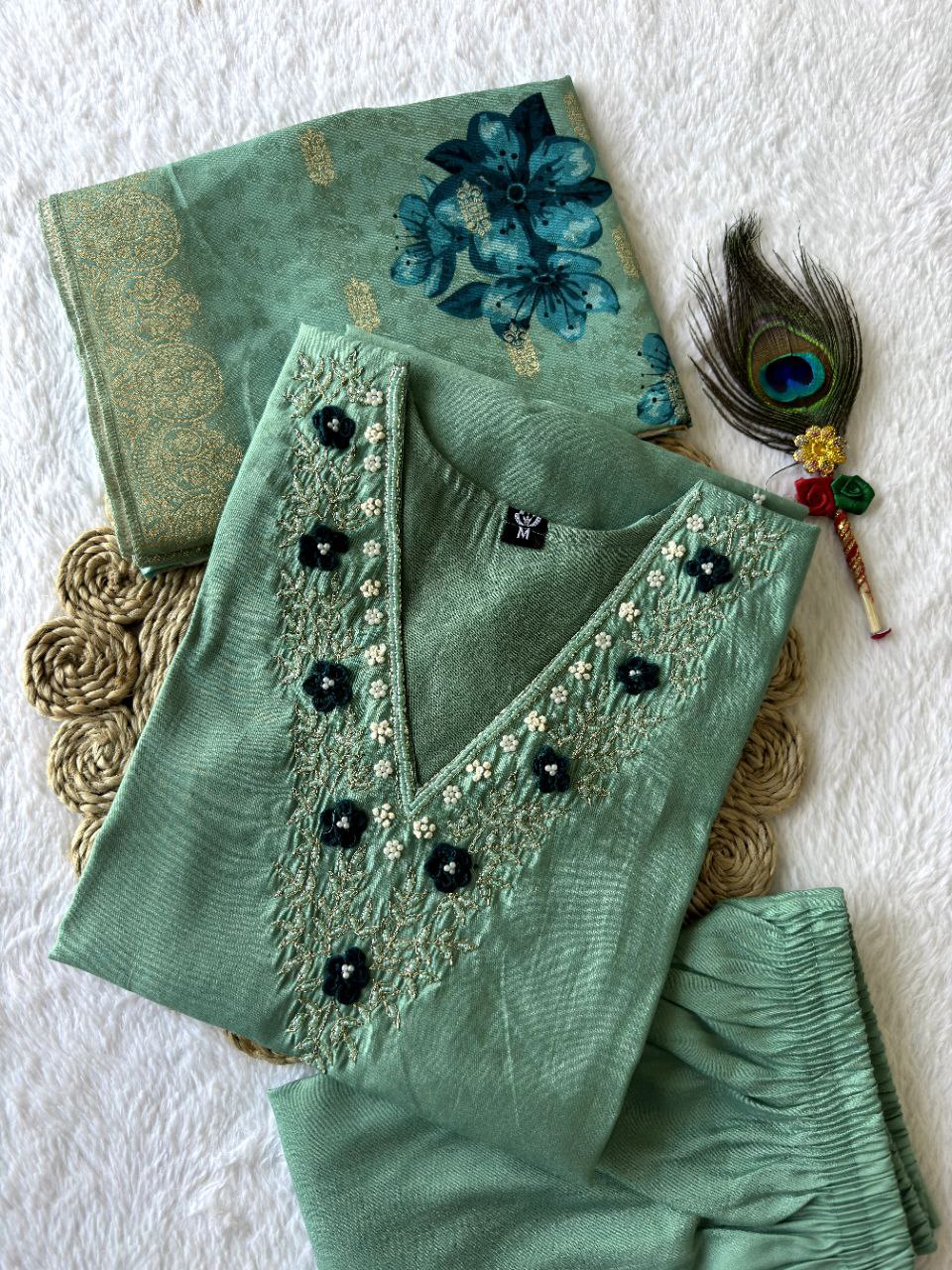 Marvelous Sea Green Handwork Suit Set