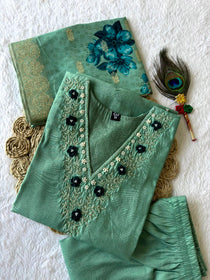 C-Green Roman Silk Hand Work Kurta Pant Dupatta Set
