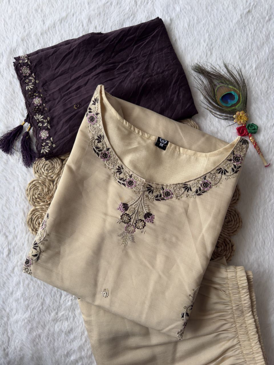 Cream Color Roman Silk Embroidered Suit Set