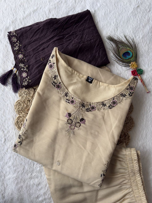Cream Color Roman Silk Embroidered Suit Set