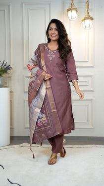Burgundy Hand Work Kurta Pant Dupatta Set with Chanderi Printed Dupatta