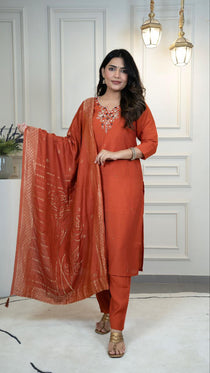 Rust Roman Silk Handwork Kurta Pant Set with Jacquard Dupatta