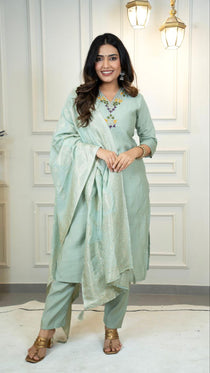 C Green Roman Silk Embroidered Kurta Set